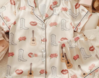 Coquette Cow Girl Satin Pajamas Set, Western Pattern Pajama, Western Pajama, Cowgirl Boot Pajama, Family Pyjamas, Womens Pajamas, Cowboy Pjs
