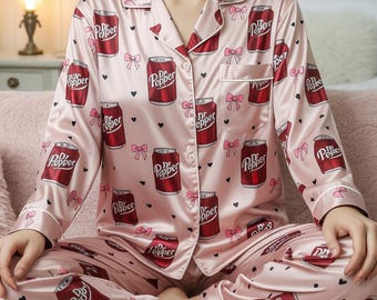 Dr Pepper Satin Pajamas Set, Coquette Diet Pepper Sleepwear, Family Matching Pyjama, Dr Pepper Soda Lover Pajamas, Lover Drinks Loungewear