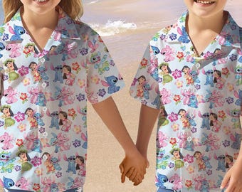 Camisa hawaiana de Disney Lilo y Stitch, camisa playera de verano de Lilo y Stitch, camisa hawaiana de Disney, camisa hawaiana de vacaciones familiares en Disneyland