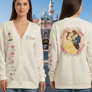 Cárdigan personalizado con estampado de La Bella y la Bestia de Disney, cárdigan de la Princesa Bella de Disney, conjuntos de Disneyland, cárdigan de Bella