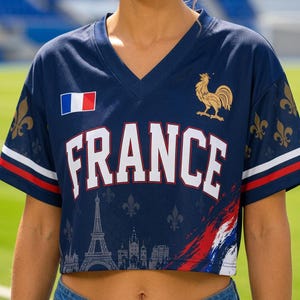 Personalized Name Number France Crop Top Soccer Jersey, France Football Jersey, Game Day Matching Shirt, Team France Oversized Soccer Jersey image 2