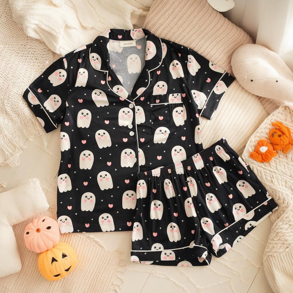 Discover Happy Ghost Pajama Satin Pajamas Set, Halloween Pjs, Cozy Season Pjs, Ghost Pajamas
