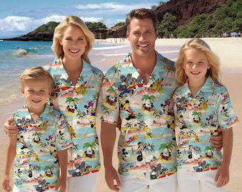 Disney Mickey and Friends Summer Beach Hawaiian Shirt, Mickey Minnie Donald Daisy Goofy Pluto Palm Tree Hawaii Shirt, Disneyland Family Trip