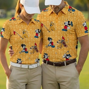 May include: Matching yellow golf shirts with a repeating pattern of Mickey Mouse, Pluto, golf balls, and golf tees. The shirts have short sleeves and a collared neckline. The shirts are worn with khaki pants and white caps.