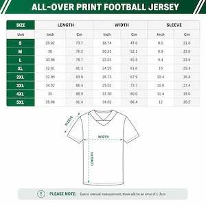 May include: A size chart for an all-over print football jersey featuring a table with columns for size, length, width, and sleeve measurements in inches and centimeters, alongside a line drawing of a v-neck jersey with dimension indicators.