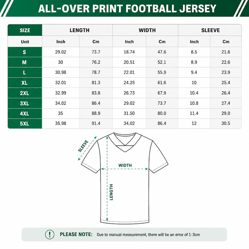 May include: A size chart for an all-over print football jersey featuring a table with columns for size, length, width, and sleeve measurements in inches and centimeters, alongside a line drawing of a v-neck jersey with dimension indicators.