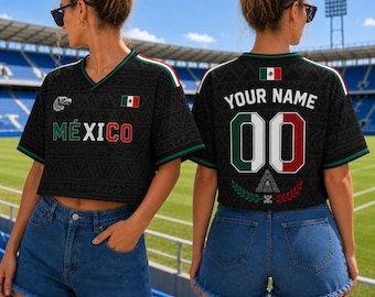 Personalized Name Number Mexico Crop Top Soccer Jersey,  Mexico Football Shirt, Team Mexico Soccer Jersey, Oversized Jersey, Game Day Shirt