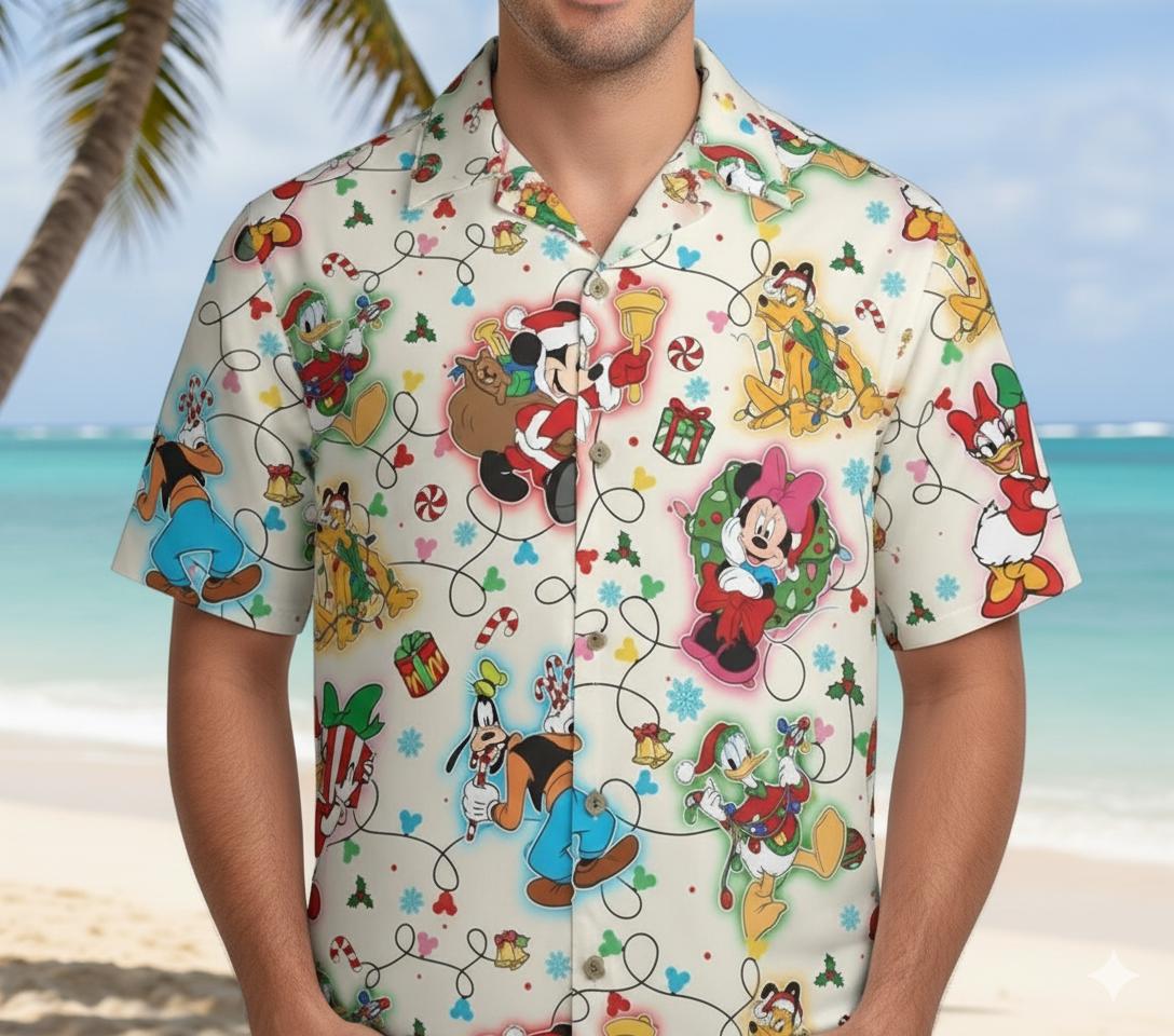 Discover Mickey Christmas Lights Hawaiian Shirt, Mickey & Friends Christmas Button Shirt, Disney Xmas Aloha Shirt, Disney Family Trip Hawaiian Shirt