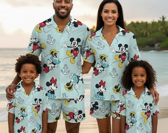 Retro Mickey Minnie Cruise Hawaiian Shirt, Disney Cruise Hawaii Shirt, Nautical Family Matching Button Shirt, Mickey Minnie Hawaiian Shirt