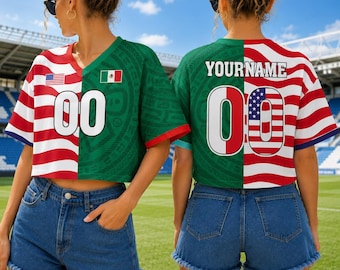Custom Name Number Dual Flag Half & Half Crop Top Soccer Jersey, Custom Two Countries Soccer Jersey, Binational Soccer Shirt, Game Day Shirt