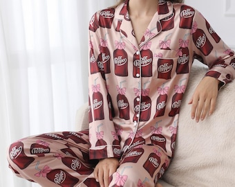 Dr Pepper Satin Pajamas Set, Dr Pepper Soda Lover Pajamas, Lover Drinks Loungewear, Coquette Diet Pepper Sleepwear, Family Matching Pyjama