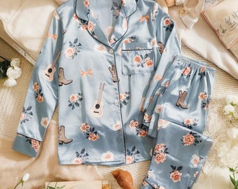 Pijama de satén de vaquera Blue Coquette, pijama con estampado occidental, pijama con botas vaqueras, pijama familiar, pijama para mujer
