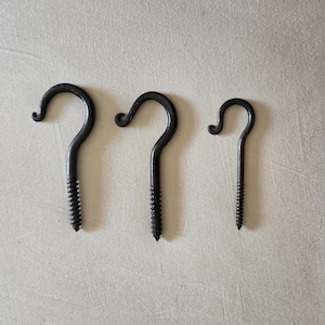 May include: Three black metal hooks with a screw thread. The hooks are different sizes, with the largest hook on the left and the smallest hook on the right.