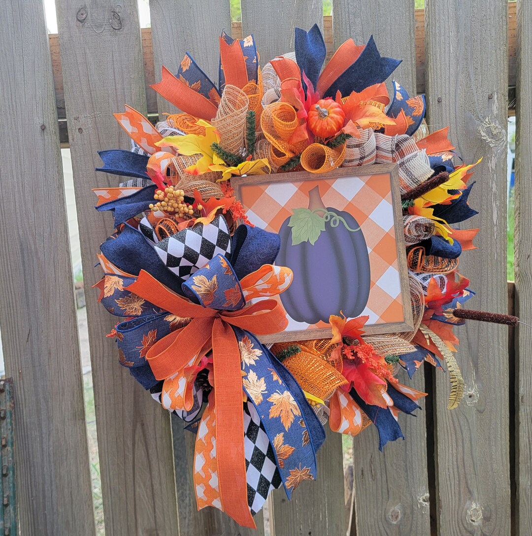 Fall Wreath for Front Door With Blue Pumpkin Sign, Blue Ribbon With ...