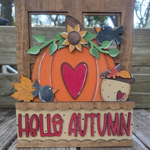 Hello Autumn Pumpkin Window Box | Fall Shelf Sitter | Rustic Farmhouse Décor | Acorn & Sunflower Accent | Thanksgiving Decoration
