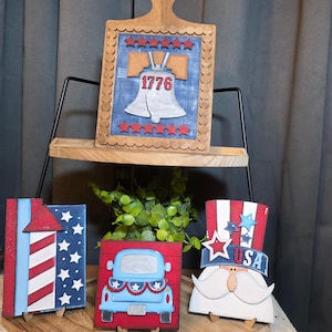 Patriotic 4th of July Shelf Sitters | USA Decor | Liberty Bell | Firework | Truck | Uncle Sam | Tiered Tray Set, Americana Decor