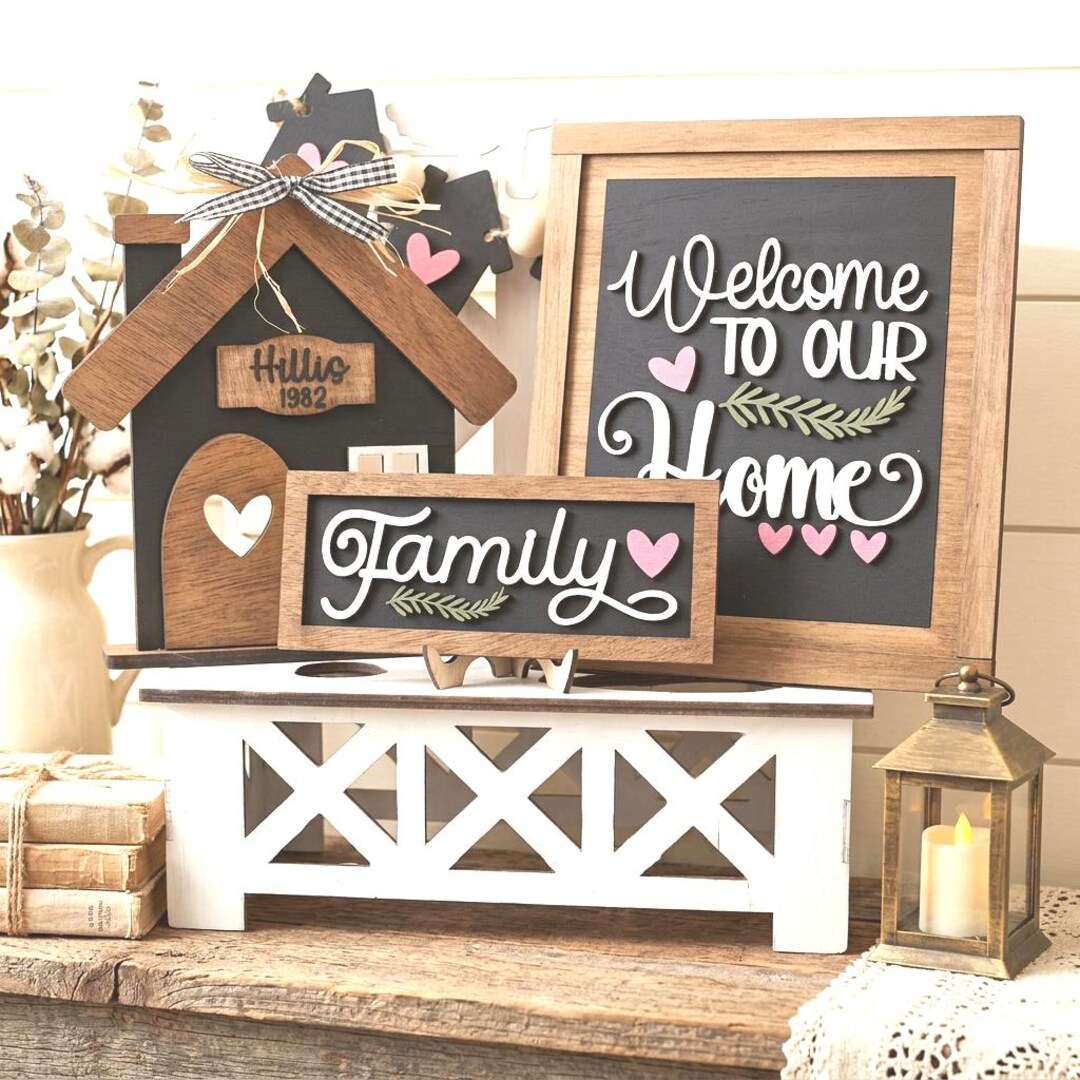 Rustic Farmhouse Family Sign Set, Layered Wood Home Decor, Welcome to ...