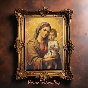 May include: A framed painting of a woman holding a child. The woman is wearing a blue robe and the child is wearing a white robe. The painting is set against a gold background.