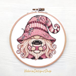 Cute Gnome Cross Stitch Pattern | Coffee Lover Gnome | Digital PDF Chart | Modern Embroidery Design