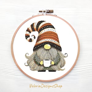 Cute Gnome Cross Stitch Pattern | Coffee Lover Gnome | Digital PDF Chart | Modern Embroidery Design