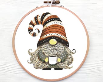Cute Gnome Cross Stitch Pattern | Coffee Lover Gnome | Digital PDF Chart | Modern Embroidery Design