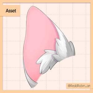 Puede incluir: Una ilustración de dibujos animados de una oreja de gato rosa y blanca. La oreja está dibujada de una manera simple y estilizada, con una forma suave y redondeada y un mechón blanco y esponjoso en la punta.