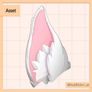 May include: A cartoon illustration of a white and pink furry ear with a purple inner lining. The ear is angled to the right and the inside of the ear is visible.