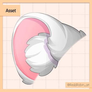 Puede incluir: Una ilustración de dibujos animados de una oreja esponjosa de color gris con un revestimiento interior rosa. La oreja está curvada y parece ser parte de un animal más grande.