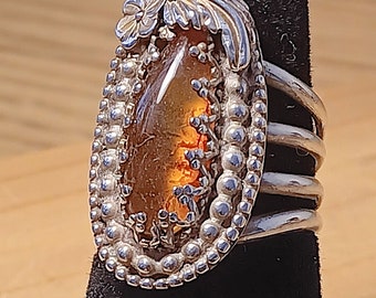 Natural, Baltic, amber, silver, ring, crown bezel, bead wire, silver leaf, silver flower, 4 band, original , hand made, design, sterling,