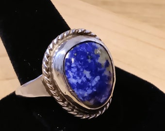 Azurite gemstone, silver, ring, men's, size 14, plain bezel, silver rope, medium, heavy, silver band, Utah gemstone, natural gemstone,