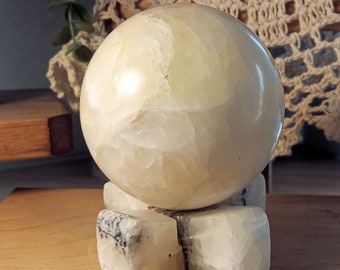 3 inch, White calcite, sphere, gemstone, carvings, stone sphere, stone stand, sphere stand, sphere collector, sculpture, stone, gem sphere,