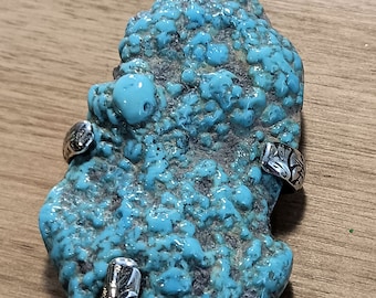 Old stock, natural, Turquoise, nugget, sterling silver, pendant, large natural, turquoise nugget, set in .925, silver, gem, blue gemstone,