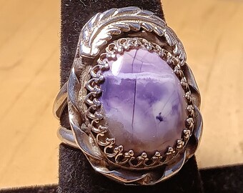 Lavender, Tiffany stone, sterling silver, ring, Tiffany gemstone, cabochon, crown bezel, scroll twist wire, silver leaf, double band, siz 8