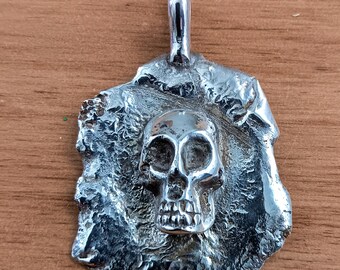 Sterling silver, skull, rugged, mid evil, hammered backer, plain bail, handmade original, pendant, Ed Harris, unisex, skull pendant