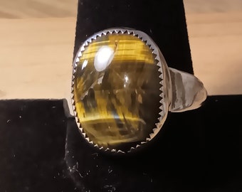 Natural, golden, brown, Tiger eye, ring, sterling silver, saw tooth, bezel, decorative, heavy, band, men's, size 12 1/2