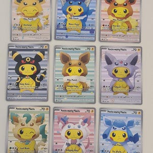 Ensemble complet de cartes Pokémon personnalisées non holographiques Pikachu Poncho Arts Evoli Eeveelution