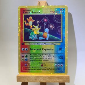 Véspera de Ano Novo - Squirtle, Charmander, Bulbasaur e Pikachu - Feito à mão em Cosmo Holo - Cartão personalizado Pokémon