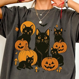 Black Cat & Pumpkins Comfort Colors® Shirt, Retro Halloween Aesthetic, Boho Floral Fall Shirt, Womens Halloween Shirt, Black Cat Graphic Tee