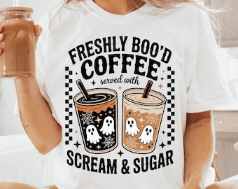 Comfort Colors® Ghost Halloween-koffieshirt, Boo-koffiet-shirt, grappig schattig spookshirt, Spooky Season Coffee Lover-cadeau, Halloween-shirt herfst