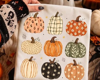 Koszulka Boho Pumpkin Comfort Colors® z uroczym, jesiennym wzorem dyni, estetyczna koszulka Cottagecore Harvest Season, koszulka z nadrukiem na Święto Dziękczynienia