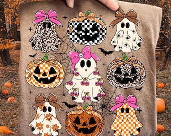 Camisa de calabaza fantasma con estampado de leopardo y coqueta Comfort Colors®, camiseta retro con fantasmas a cuadros, linda camisa de calabaza y cerezas para Halloween, regalo espeluznante de otoño para mujer