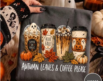 Koszulka Comfort Colors® Autumn Leaves & Coffee Please, koszulka z jesiennymi kubkami do kawy, koszulka z jesiennym duchem, bluza Spooky Season Pumpkin Spice