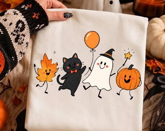 Koszulka Comfort Colors® Cute Fall Friends Dancing, koszulka z motywem strasznego sezonu, koszulka retro z zabawnym motywem Halloween, koszulka z jesiennymi liśćmi