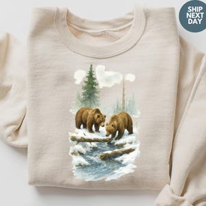 Moletom retrô com estampa de ursos pardos e cenas selvagens - Traje vintage de urso pardo dos anos 90 - Moletom boho unissex com gola redonda, camisa de urso