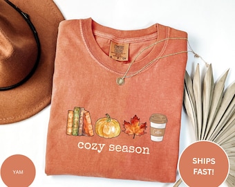 Cozy Season Comfort Colors® Shirt, Books Lover Fall Gift, Womens Pumpkin Season Shirt, Fall Coffee Latte Shirt, Cute Pumpkin Shirt