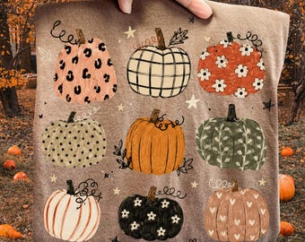 Koszulka Boho Pumpkin Comfort Colors® z uroczym jesiennym wzorem dyni, estetyczna koszulka Cottagecore Harvest Season, koszulka na Święto Dziękczynienia