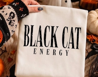 Koszulka Black Cat Energy Comfort Colors®, koszulka z nadrukiem w stylu retro w stylu vintage na Halloween, minimalistyczna koszulka na Halloween, prezent dla niej