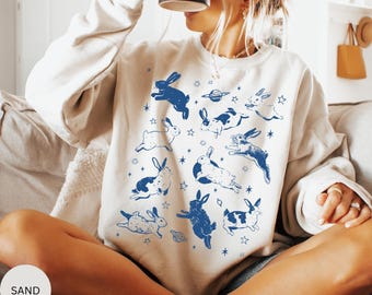 Bunnies in Space Sweatshirt, Graphic Retro Vintage Sweatshirt, Funny Bunny shirt, Rabbit Lover Gift, Rabbit in space Sweatshirt, Rabbit Fans
