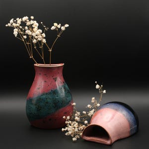 Handmade Stoneware Wall Pocket Vase | Wheel-Thrown Hanging Planter | Coral Teal or Pink Ombre Glaze