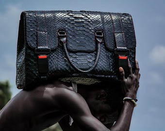 Handmade Dragon Python Weekender Bag: Ferrari Buckle Travel Bag, Green Calf Leather, Unisex Fashion Bag